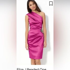 Eliza J hot pink satin one shoulder ruched dress, sz 14